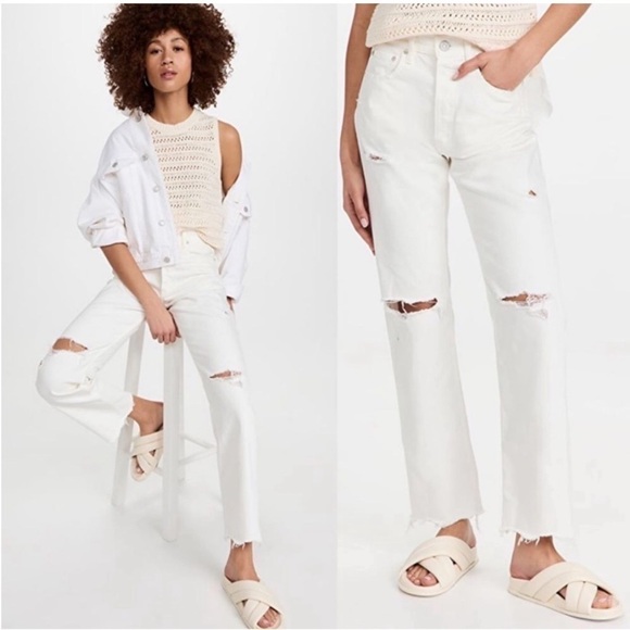 New Moussy Odessa High Rise Distressed Straight Leg Jeans in White Sz 27 - Picture 2 of 16